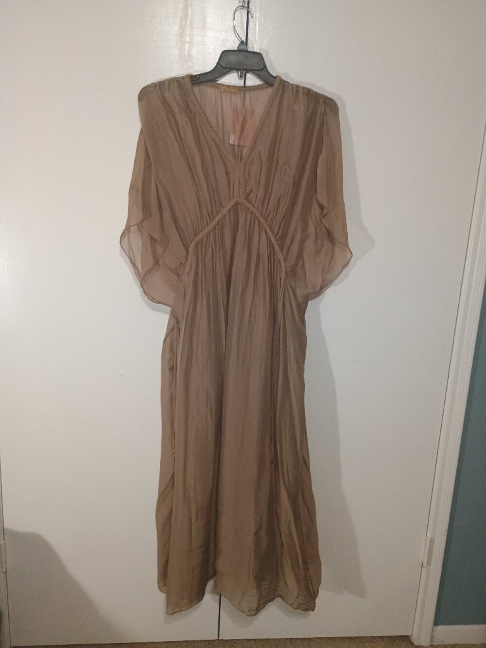 Boho Taupe Grecian Maxi Dress Braided Trim Dolman Sleeve Flowy Kaftan - Picture 2 of 8